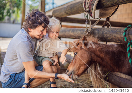 Happy father shares a pony feeding experience with his young son. Joy and connection during a farm animal encounter. Happy father shares a pony feeding experience with his young son. Joy and connection during a farm animal encounter. 143045450