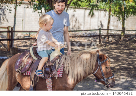 Father accompanies his toddler on a pony ride at a farm. Supportive parenting and new riding experiences. Father accompanies his toddler on a pony ride at a farm. Supportive parenting and new riding experiences. 143045451