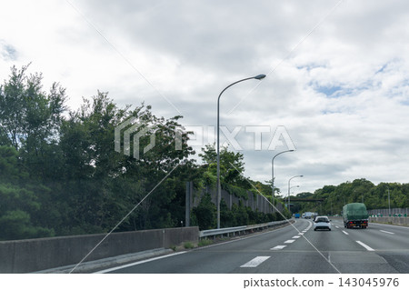 Background image of a highway with a blue sky and clouds. Background image of a highway with a blue sky and clouds. 143045976