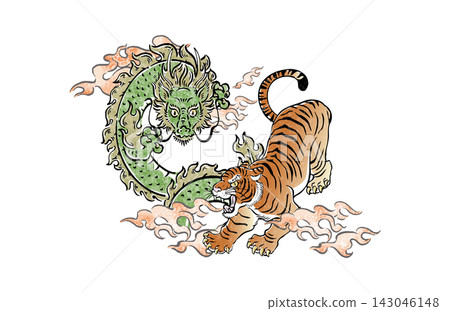 手繪日式龍虎插畫（龍與虎），水墨畫，浮世繪，水彩，龍虎圖案，日式紋樣，新年，新年，材料 143046148
