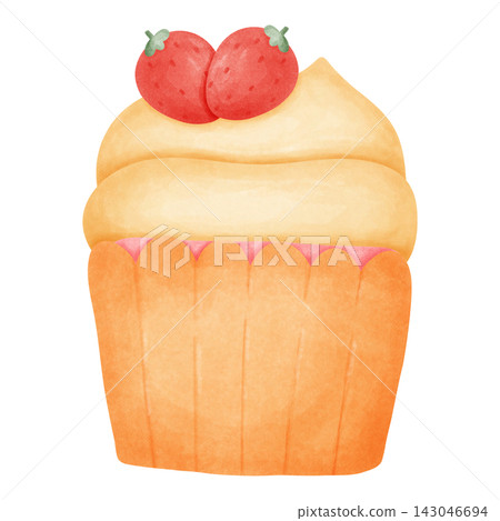 Delicious Vanilla Cupcake with Whipped Cream and Fresh Strawberries Watercolor Illustration 143046694