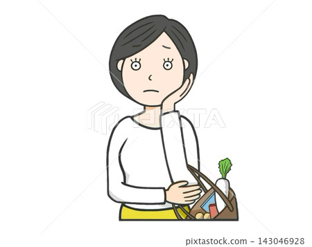 一幅描繪心事重重的家庭主婦(女性)的插圖(圖標)。 一幅描繪心事重重的家庭主婦(女性)的插圖(圖標)。 143046928