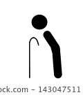 A pictogram of an elderly man walking with a cane. 143047511