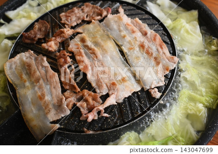 pork barbecue on frying pan, Thai style cuisine pork barbecue on frying pan, Thai style cuisine 143047699