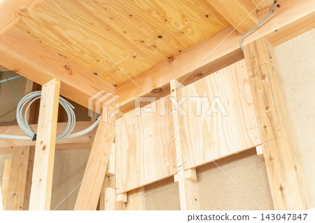 一處正在興建新木屋的建築工地。房屋內部可以看到牆體框架和木結構框架。 一處正在興建新木屋的建築工地。房屋內部可以看到牆體框架和木結構框架。 143047847