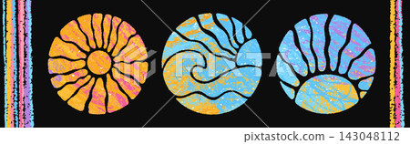 Colorful crayon groovy sun set on dark background retro psychedelic sunburst wavy rays boho shapes 143048112
