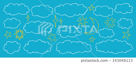 Crayon chalk cloud star moon sky element set fluffy drawn sky pastel texture cute childlike style Crayon chalk cloud star moon sky element set fluffy drawn sky pastel texture cute childlike style 143048113