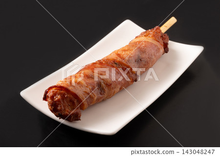 Asparagus fish cake and bacon skewers Asparagus fish cake and bacon skewers 143048247