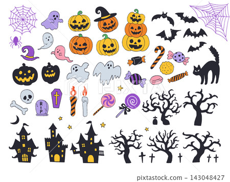 Halloween line drawing illustration set Halloween line drawing illustration set 143048427