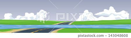 Flooded highway road passing through a green landscape. Water covering the route under an overcast sky with clouds. For natural disater banner background. 143048608