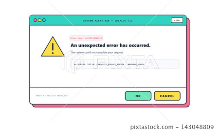 System error popup window with warning sign and unexpected error message interface System error popup window with warning sign and unexpected error message interface 143048809