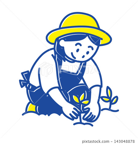 A simple two-color illustration of a female farmer planting seedlings in a field. A simple two-color illustration of a female farmer planting seedlings in a field. 143048878