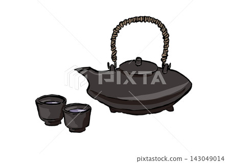 Illustration of a black earthenware pot and sake cup; drinking vessels for enjoying shochu; brush pen style. 143049014