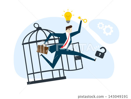 Businessman breaking free of cage to freedom stock illustration Businessman breaking free of cage to freedom stock illustration 143049191