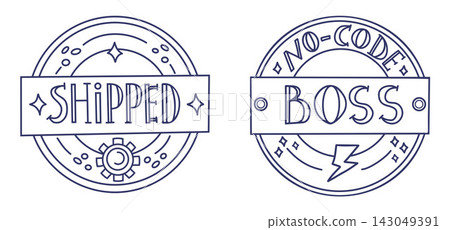 Shipped And No-Code Boss Lettering. Badge Set. Circular Emblems, Banner, Gear Wheels, Lightning Bolt, Sparkles And Decorative Vintage Slogan. Outline Doodle. Isolated Hand Drawn Vector illustration Shipped And No-Code Boss Lettering. Badge Set. Circular Emblems, Banner, Gear Wheels, Lightning Bolt, Sparkles And Decorative Vintage Slogan. Outline Doodle. Isolated Hand Drawn Vector illustration 143049391