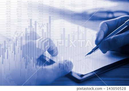 Business man on digital stock market financial indicator background. Digital business and stock market financial indicator on LED. Double exposure of business man and digital stock market financial. 143050528