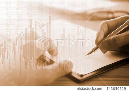 Business man on digital stock market financial indicator background. Digital business and stock market financial indicator on LED. Double exposure of business man and digital stock market financial. Business man on digital stock market financial indicator background. Digital business and stock market financial indicator on LED. Double exposure of business man and digital stock market financial. 143050529