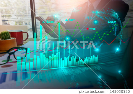 Business man on digital stock market financial indicator background. Digital business and stock market financial indicator on LED. Double exposure of business man and digital stock market financial. 143050530