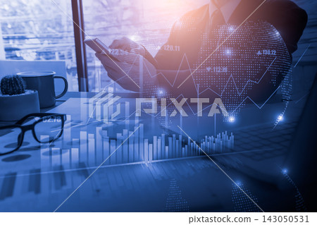 Business man on digital stock market financial indicator background. Digital business and stock market financial indicator on LED. Double exposure of business man and digital stock market financial. 143050531