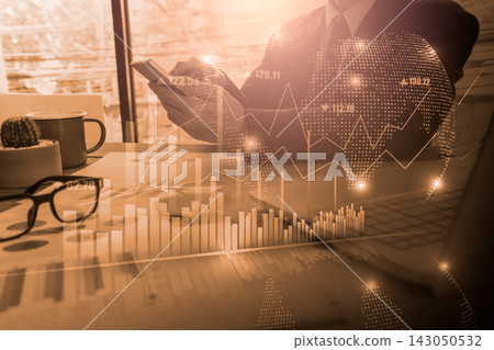Business man on digital stock market financial indicator background. Digital business and stock market financial indicator on LED. Double exposure of business man and digital stock market financial. Business man on digital stock market financial indicator background. Digital business and stock market financial indicator on LED. Double exposure of business man and digital stock market financial. 143050532