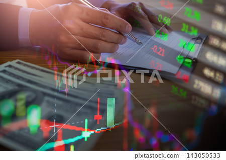Business man on digital stock market financial indicator background. Digital business and stock market financial indicator on LED. Double exposure of business man and digital stock market financial. Business man on digital stock market financial indicator background. Digital business and stock market financial indicator on LED. Double exposure of business man and digital stock market financial. 143050533