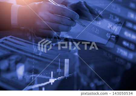Business man on digital stock market financial indicator background. Digital business and stock market financial indicator on LED. Double exposure of business man and digital stock market financial. 143050534