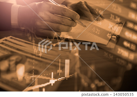 Business man on digital stock market financial indicator background. Digital business and stock market financial indicator on LED. Double exposure of business man and digital stock market financial. Business man on digital stock market financial indicator background. Digital business and stock market financial indicator on LED. Double exposure of business man and digital stock market financial. 143050535