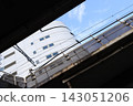 Buildings and blue sky visible through the gaps in the elevated railway. 143051206