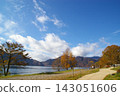Autumn scenery overlooking the beautiful mountain range and lakeside promenade of Nikko's Lake Chuzenji. 143051606
