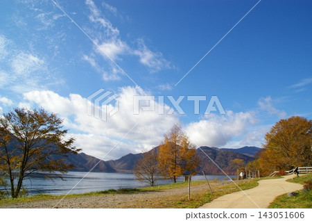 Autumn scenery overlooking the beautiful mountain range and lakeside promenade of Nikko's Lake Chuzenji. Autumn scenery overlooking the beautiful mountain range and lakeside promenade of Nikko's Lake Chuzenji. 143051606