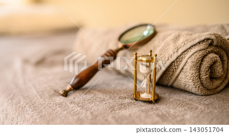 Hourglass and magnifying glass: symbols of time and investigation. 143051704