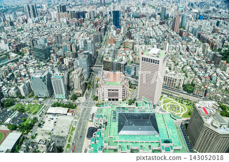 Panoramic aerial view of cityscape, skyline and urban sprawl of Taipei in Taiwan under sun, bright blue sky Panoramic aerial view of cityscape, skyline and urban sprawl of Taipei in Taiwan under sun, bright blue sky 143052018