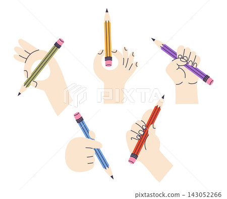 Human Hands Holding Pencils Set. Multicolored Wooden Pencil Grip Gestures Pack. Vector Illustration. Isolated Creative Flat School Education Writing Drawing Studio Office Stationery Element for Design Human Hands Holding Pencils Set. Multicolored Wooden Pencil Grip Gestures Pack. Vector Illustration. Isolated Creative Flat School Education Writing Drawing Studio Office Stationery Element for Design 143052266