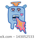 Quirky blue monster robot spitting colorful fire flames on a black background, hand drawn digital illustration 143052533