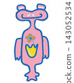 Funny pink alien monster character with an orange flower in its belly pocket on a black background, hand drawn digital art 143052534