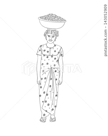 Indian girl carrying heavy bowl of stones on her head. Graphic vector line art hand drawn illustration about daily life and child labor in India. For educational book and packaging design Indian girl carrying heavy bowl of stones on her head. Graphic vector line art hand drawn illustration about daily life and child labor in India. For educational book and packaging design 143052909