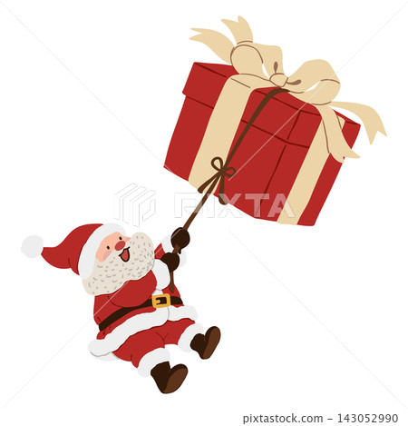 Cute Cartoon Santa hangs from a giant Christmas gift tied with ribbon and bow, creating a playful festive holiday scene filled with surprise, joy, adventure, and cheerful humor Cute Cartoon Santa hangs from a giant Christmas gift tied with ribbon and bow, creating a playful festive holiday scene filled with surprise, joy, adventure, and cheerful humor 143052990