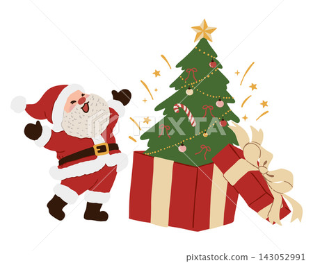 Cute Cartoon Santa celebrates beside a Christmas tree emerging from a giant gift box with presents, ribbons, ornaments, candy cane, garland, and star in a cheerful festive holiday scene Cute Cartoon Santa celebrates beside a Christmas tree emerging from a giant gift box with presents, ribbons, ornaments, candy cane, garland, and star in a cheerful festive holiday scene 143052991