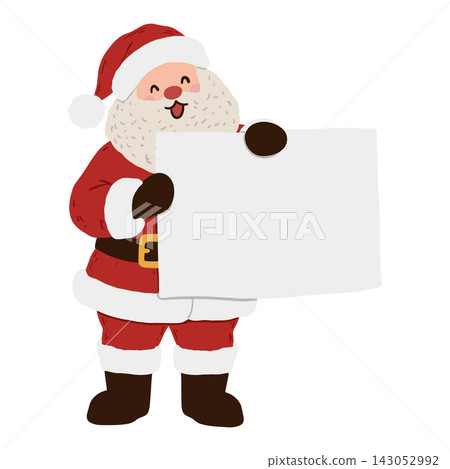 Cute Cartoon Santa holds a large blank sign with copy space for Christmas messages, greetings, advertising, announcements, and festive holiday promotions Cute Cartoon Santa holds a large blank sign with copy space for Christmas messages, greetings, advertising, announcements, and festive holiday promotions 143052992