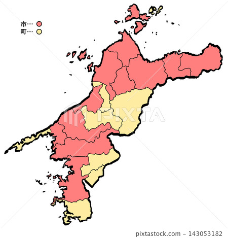 Ehime Prefecture Map: City/Town Color (Brushstroke Style) - Japanese Style 143053182