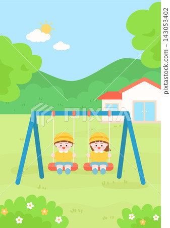 Illustration of children on swings. Illustration of children on swings. 143053402