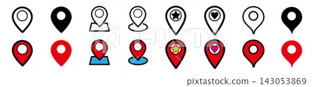 Map pin and location vector icon set (black and red colors) for specifying location, current location, and map pointer. Map pin and location vector icon set (black and red colors) for specifying location, current location, and map pointer. 143053869