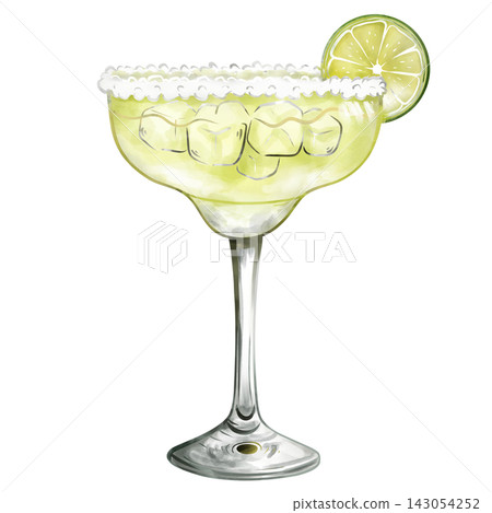 Digital watercolor Margarita cocktail with lime slice isolated on transparent background. 143054252