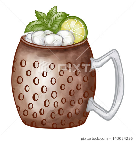 Hand painted digital watercolor Moscow Mule cocktail in copper mug isolated on transparent background. Hand painted digital watercolor Moscow Mule cocktail in copper mug isolated on transparent background. 143054256