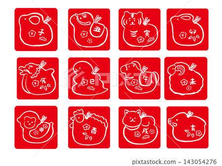 A set of illustration stamps featuring the twelve zodiac animals. 143054276