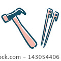 Illustrations of tent pegs and a peg hammer. Camping equipment. Hand-drawn style vector material. Illustrations of tent pegs and a peg hammer. Camping equipment. Hand-drawn style vector material. 143054406