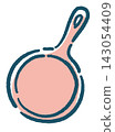 An illustration of an iron frying pan. Camping equipment. Hand-drawn style vector graphic. An illustration of an iron frying pan. Camping equipment. Hand-drawn style vector graphic. 143054409