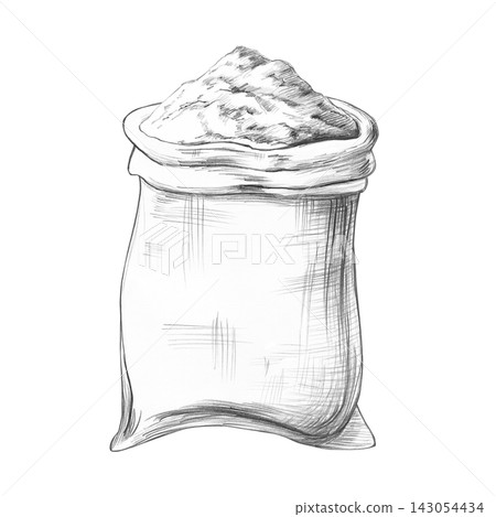 Pencil drawing of a sack of flour. An isolated illustration suitable for decorating bakeries, flour mills, farms, cafes, and restaurants, as well as for kitchen textile designs. Pencil drawing of a sack of flour. An isolated illustration suitable for decorating bakeries, flour mills, farms, cafes, and restaurants, as well as for kitchen textile designs. 143054434