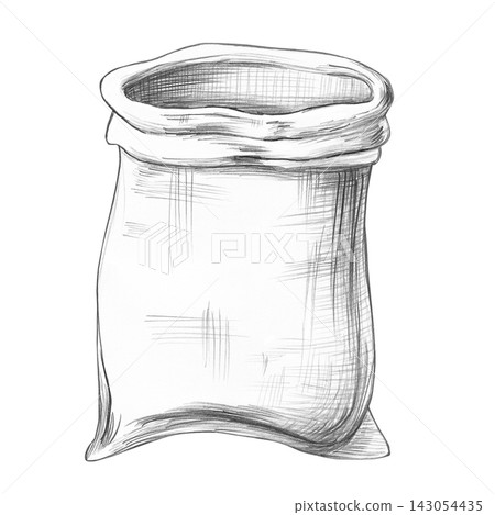 Pencil drawing of an empty sack. An isolated illustration for decorating bakeries, flour mills, farms, cafes, and restaurants, as well as for kitchen textile designs. Pencil drawing of an empty sack. An isolated illustration for decorating bakeries, flour mills, farms, cafes, and restaurants, as well as for kitchen textile designs. 143054435