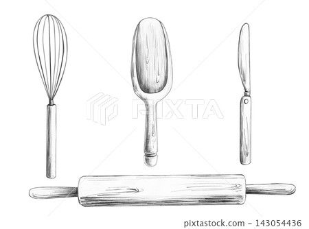 Set of kitchen tools: whisk, wooden spoon, knife, and rolling pin. Isolated pencil illustration for the design of cooking schools, blogs, restaurants, cafes, and kitchen textiles. 143054436